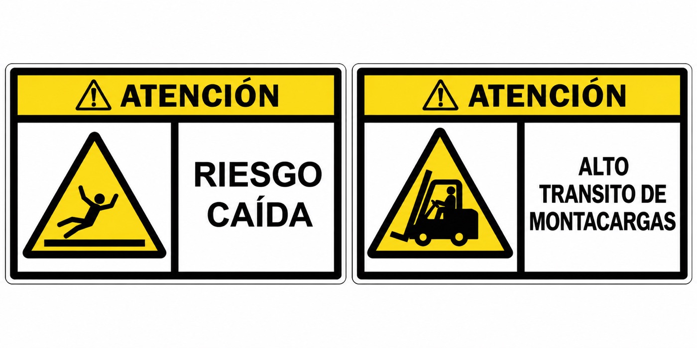 Señales de advertencia: riesgo de caída y tránsito de montacargas